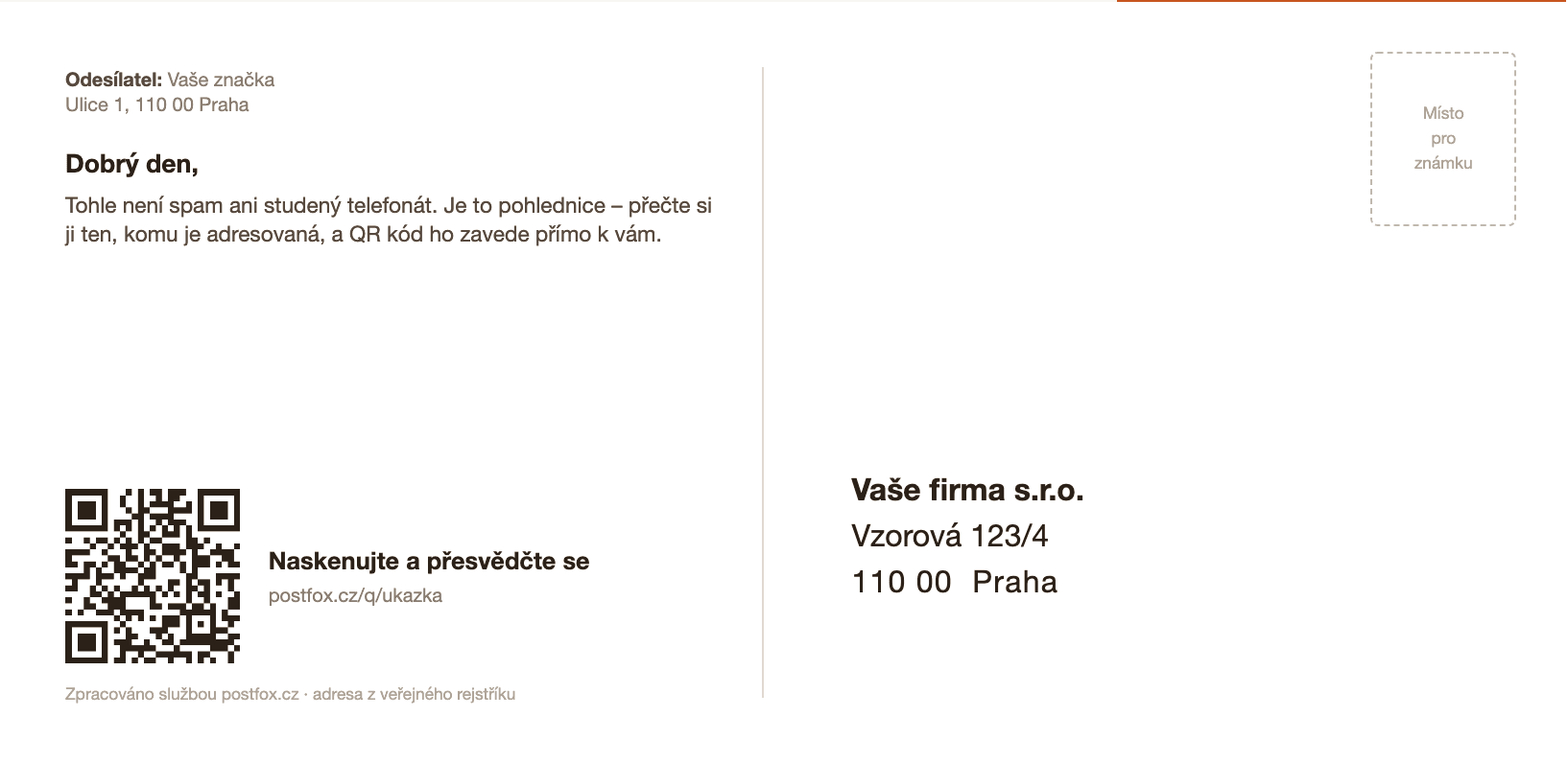 Zadní strana pohlednice: adresa příjemce a unikátní QR kód